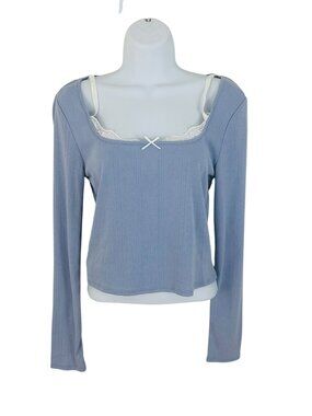 Sugar Moon Junior's Size L Pointelle Knit Lace Trim Periwinkle White Top NWOT